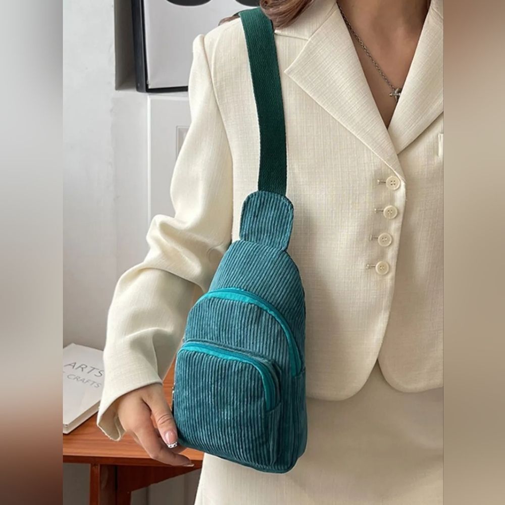 💥3/$55💥Stylish Deep Teal Corduroy Small Multi-Pocket Sling Bag